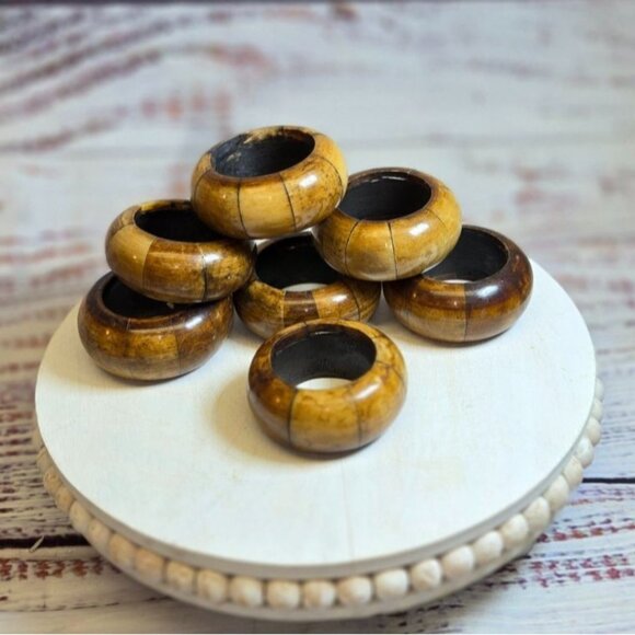 Vintage wood napkin ring holders set of 7 wooden dining decor Retro table settin - Picture 6 of 8